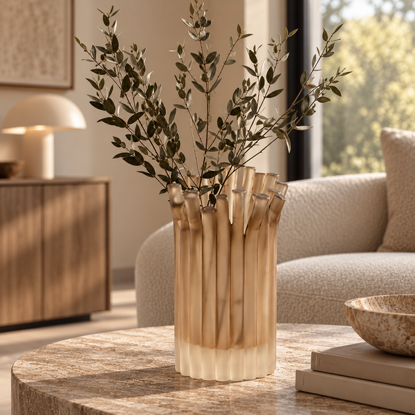 Smoked Brown Ribbed Resin Vase - 29cm
