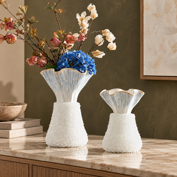 Blue & White Crystal Hand-Painted Ceramic Vase - 23cm