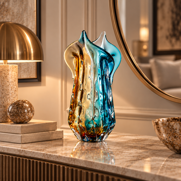Blue & Amber Petal-Shaped Handmade Glass Vase - 46cm