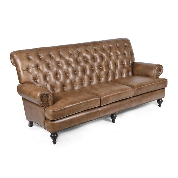 Sienna Lounge Tufted Leather 3-Seater Sofa in Vintage Brown with Wooden Legs 194 cm
