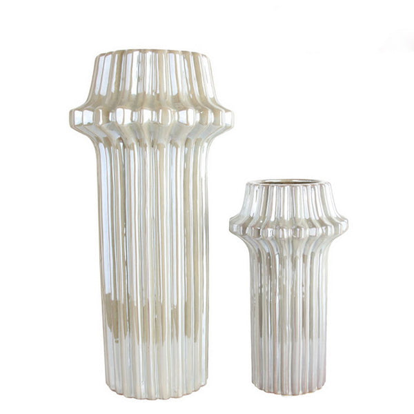 White & Gold Ribbed Ceramic Vase - 48cm
