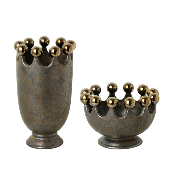 Antique Bronze Crown Bead Decorative Ceramic Bowl - 23cm