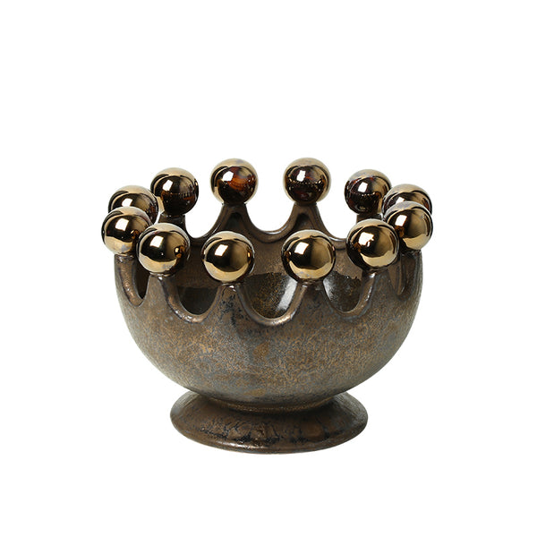 Antique Bronze Crown Bead Decorative Ceramic Bowl - 23cm