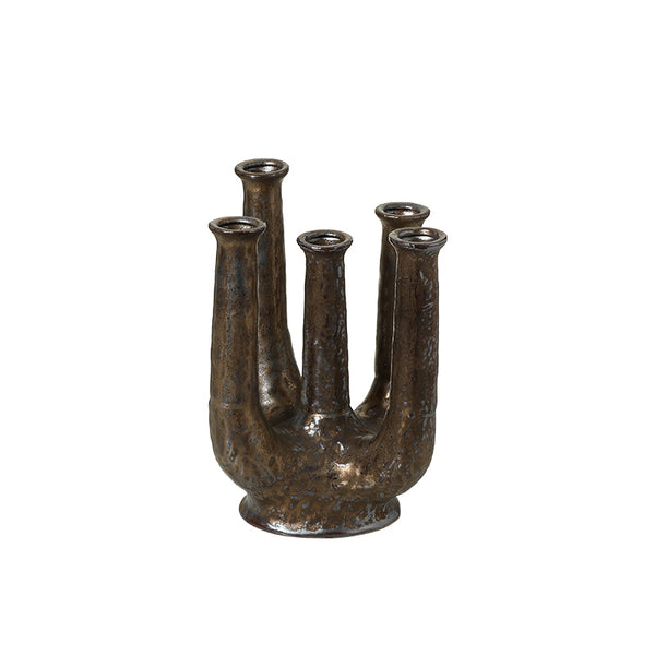 Antique Bronze Multi-Neck Ceramic Vase - 25cm