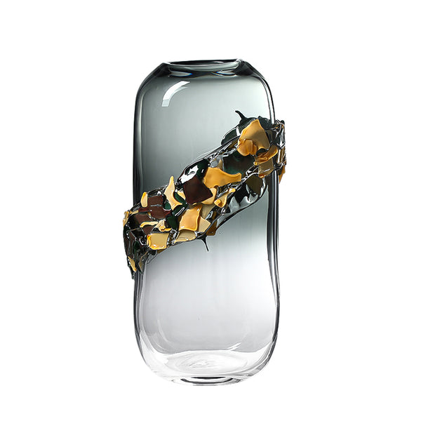 Sculptural Smoke Grey & Gold Glass Vase - 39cm