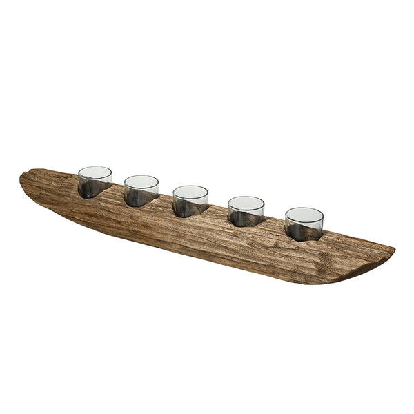 Natural Brown Wood & Glass Boat-Shaped Ornament - 71cm