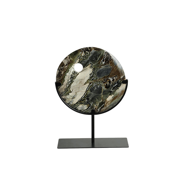 Dark Grey, Brown & Cream Veined Round Marble Ornament with Black Metal Stand – 33cm