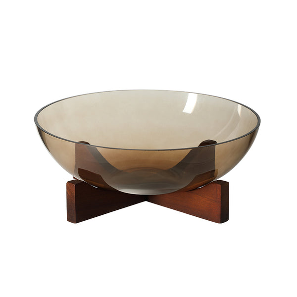 Smoked Brown Glass Decorative Bowl with Wooden Stand - 28cm