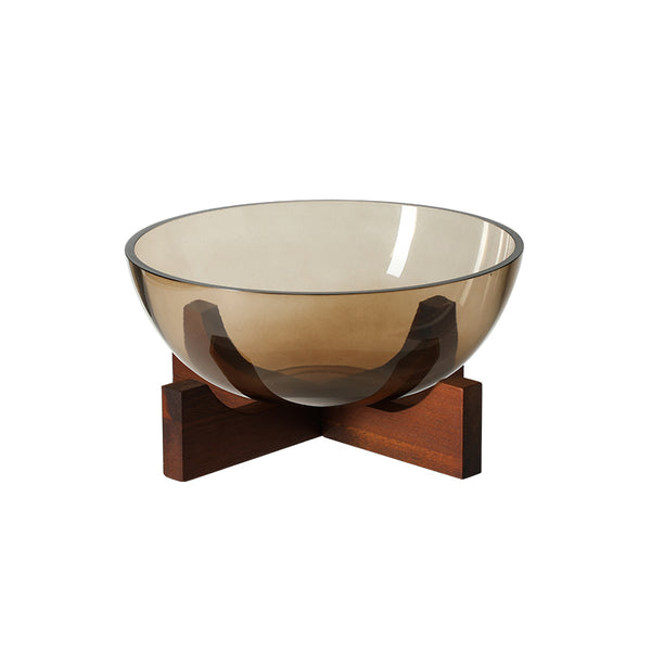 Smoked Brown Glass Decorative Bowl with Wooden Stand - 22cm