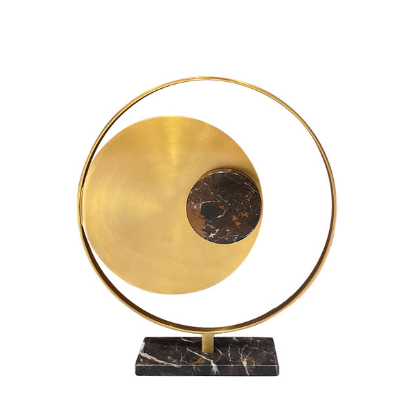 Gold & Brown Moon Ring Metal Ornament with Marble Base - 36cm