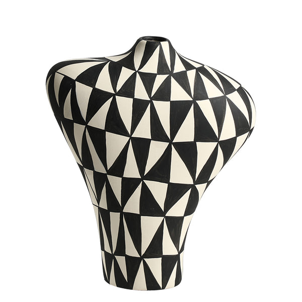 Black & White Hand-Painted Geometric Ceramic Vase - 33cm