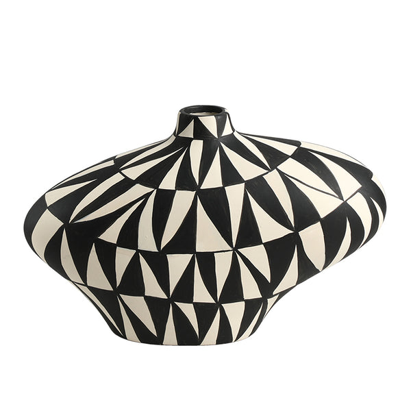 Black & White Hand-Painted Geometric Ceramic Vase - 20cm