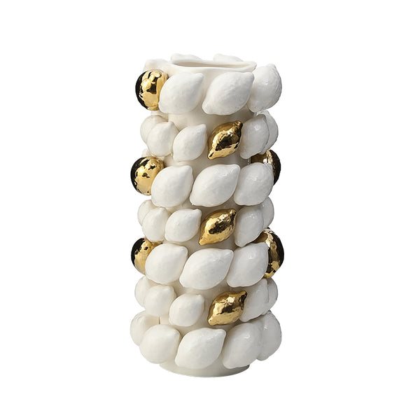 White & Gold Textured Ceramic Vase - 34cm