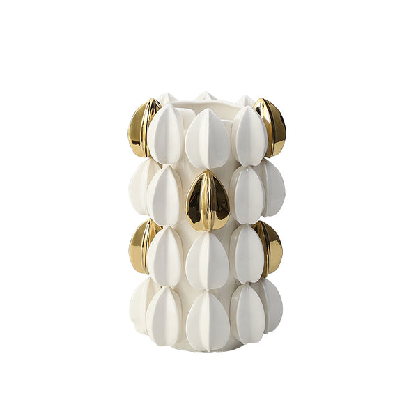 White & Gold Textured Ceramic Vase - 26cm