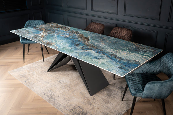 Apollo Extendable Italian Sintered Stone Dining Table in Crystal Blue Marble Look 180-220-260 cm