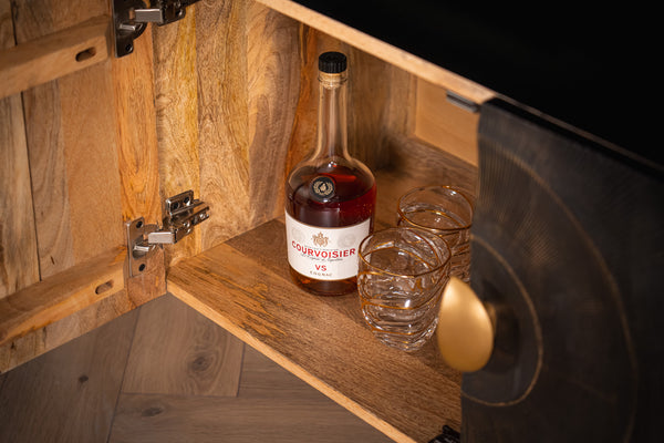 Sunset Handcrafted TV unit lowboard black gold solid mango wood metal feet 180 cm