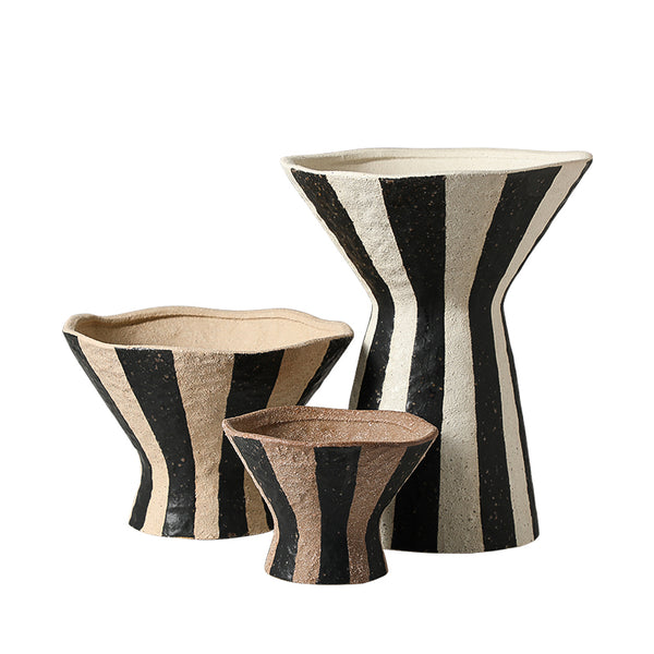 Black & White Hand-Painted Striped Ceramic Vase - 30cm