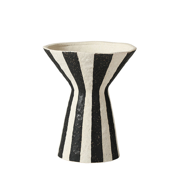 Black & White Hand-Painted Striped Ceramic Vase - 30cm
