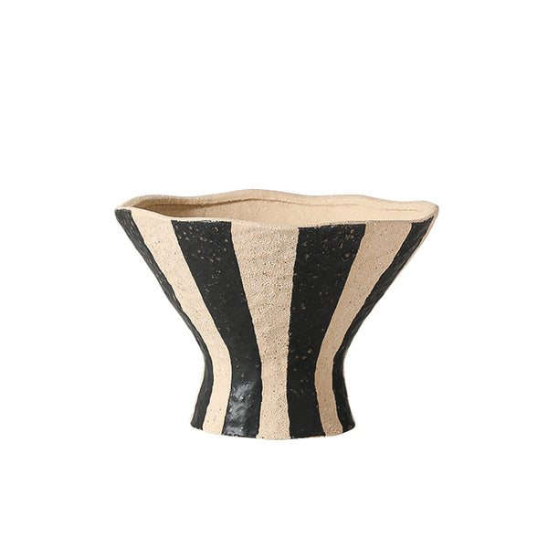 Black & Beige Hand-Painted Striped Ceramic Vase - 16cm