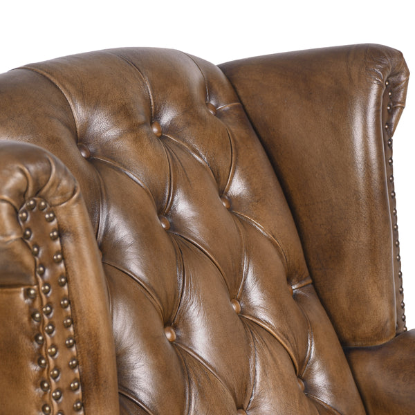 Wellington Chesterfield Genuine Leather Armchair in Antique Brown with Wooden Legs