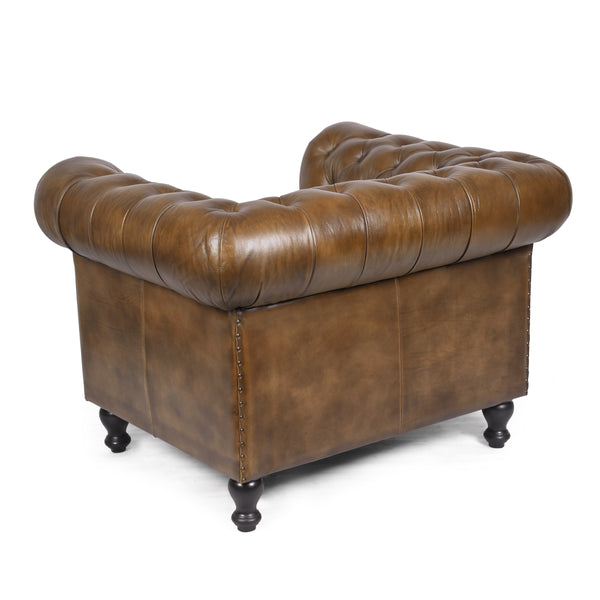 Stratford Chesterfield Genuine Leather Armchair in Antique Brown with Black Wooden Legs