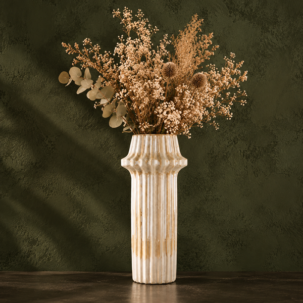 White & Gold Ribbed Ceramic Vase - 48cm