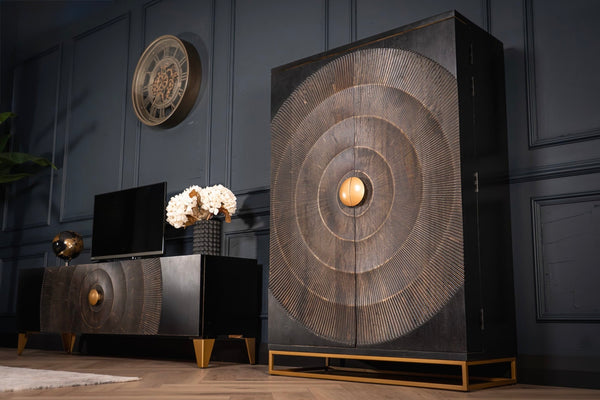 Sunset Handcrafted bar cabinet black gold solid mango wood metal frame 140 cm