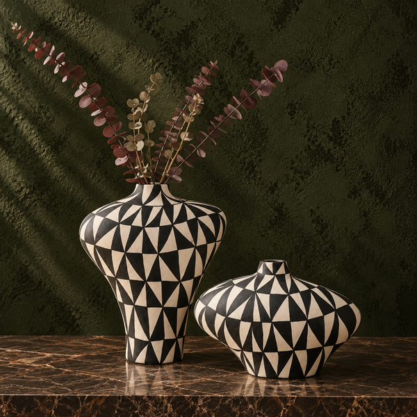 Black & White Hand-Painted Geometric Ceramic Vase - 33cm