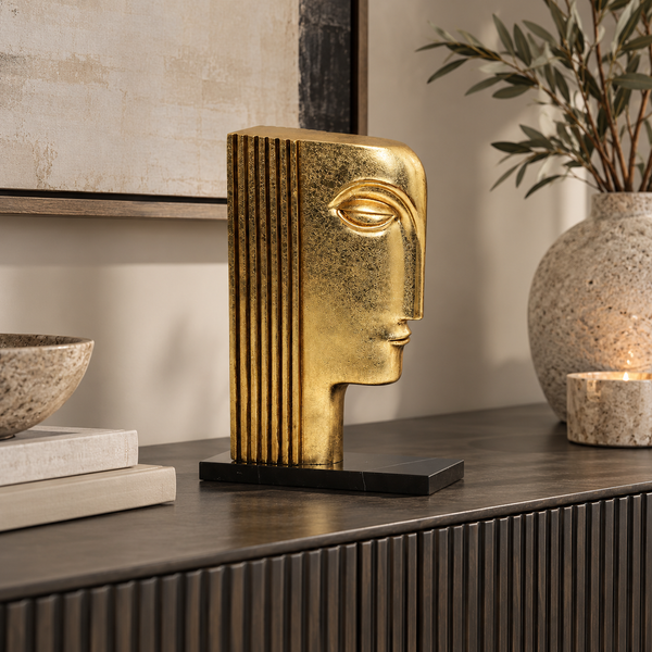 Gold Abstract Face Resin Sculpture with Marble Base - 31cm