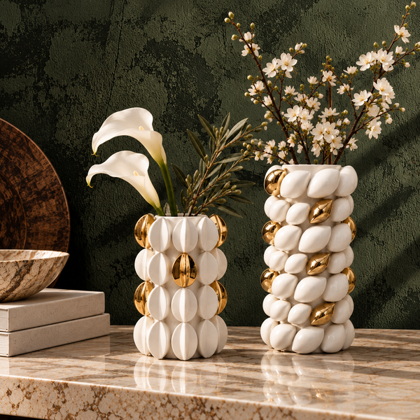 White & Gold Textured Ceramic Vase - 26cm