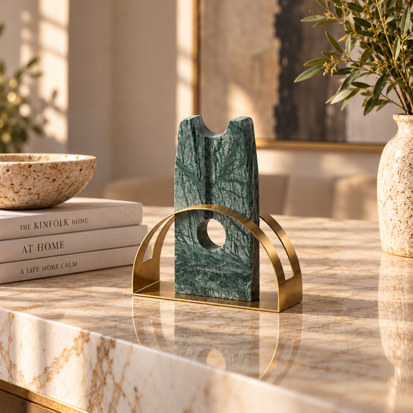 Green Marble & Gold Metal Arch Ornament - 25cm