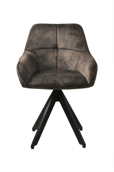 Terra Rotatable Grey Dark Brown Velvet Dining Chair with Diamond Quilting and Black Coated Legs