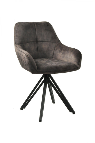 Terra Rotatable Grey Dark Brown Velvet Dining Chair with Diamond Quilting and Black Coated Legs