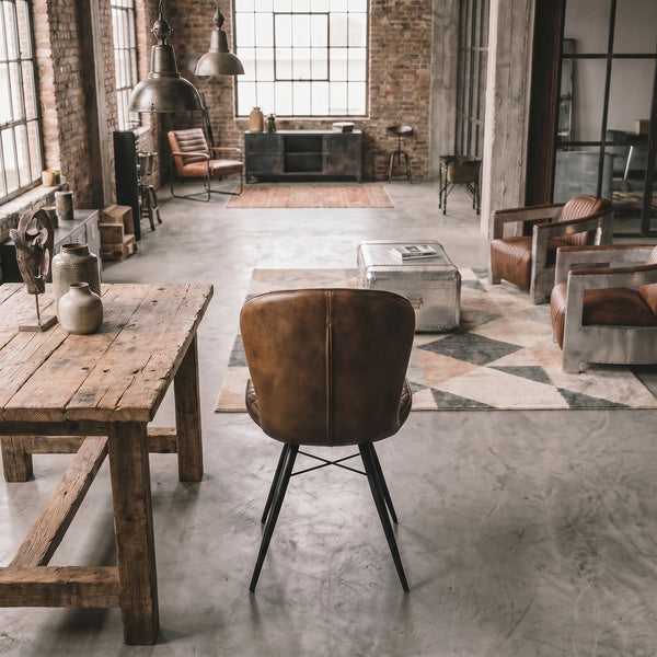 Genuine Leather Dining Chair Antique Brown with Black Legs – Valencia Curve