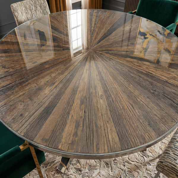 Round Recycled Wood Dining Table 140cm – Forest Glass Top Chrome Legs