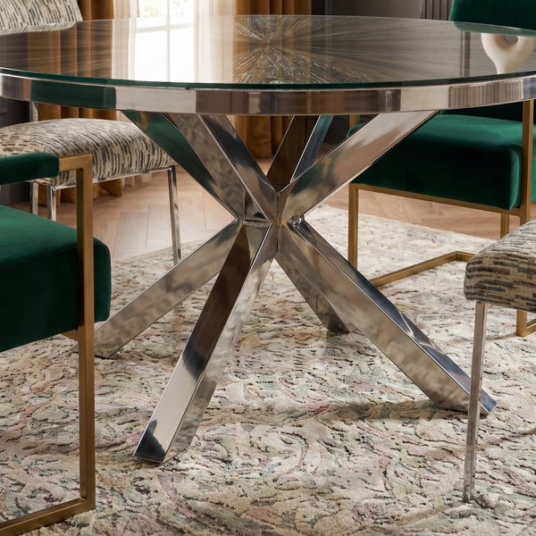 Round Recycled Wood Dining Table 140cm – Forest Glass Top Chrome Legs