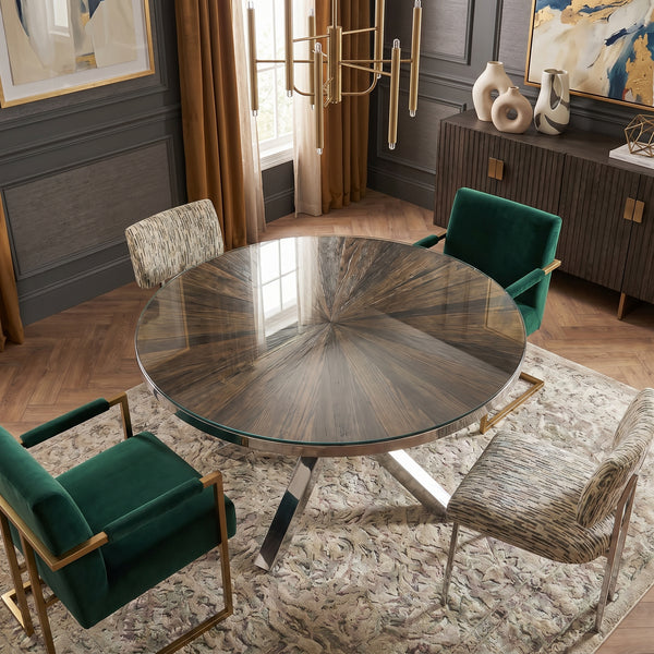 Round Recycled Wood Dining Table 140cm – Forest Glass Top Chrome Legs