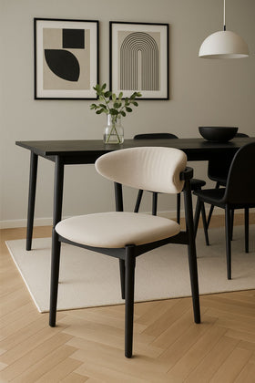 Vita Wooden Dining Chair with Grey Upholstery Fabric and Black Wooden Legs