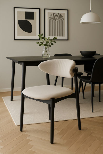 Vita Wooden Dining Chair with Grey Upholstery Fabric and Black Wooden Legs