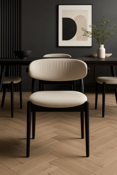 Vita Wooden Dining Chair with Grey Upholstery Fabric and Black Wooden Legs