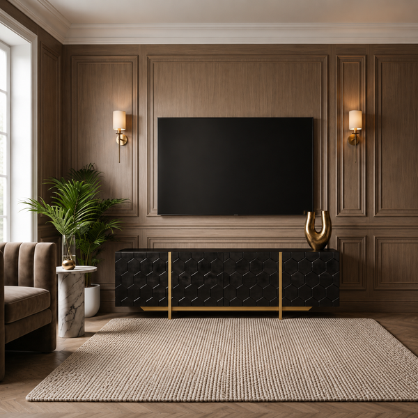 Solid Mango Wood Black TV Unit With Gold Metal Legs 200cm – Honeycomb