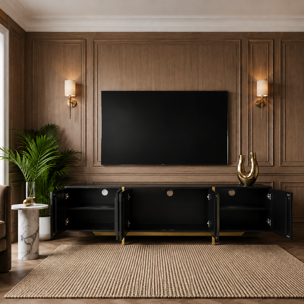 Solid Mango Wood Black TV Unit With Gold Metal Legs 200cm – Honeycomb