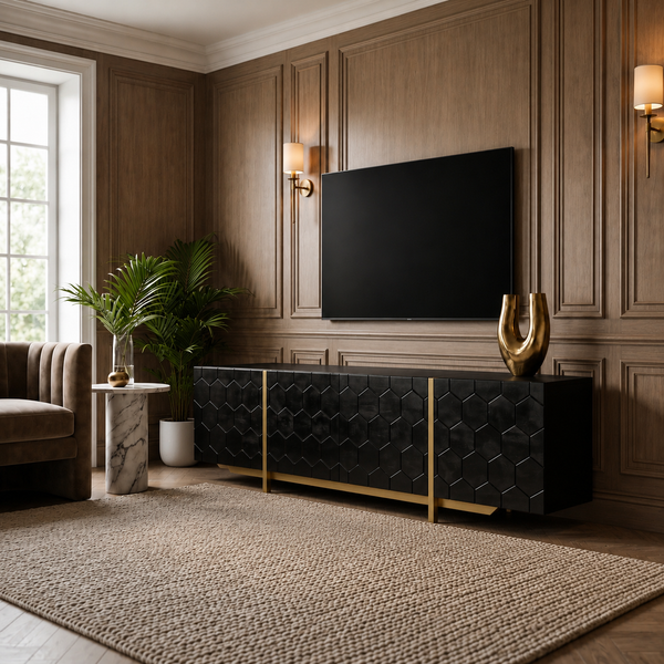 Solid Mango Wood Black TV Unit With Gold Metal Legs 200cm – Honeycomb