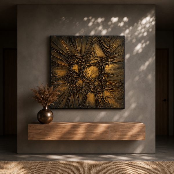 Luxury 3D Fabric Wall Art - Large Gold Textured Framed Statement Piece 100 × 100 cm