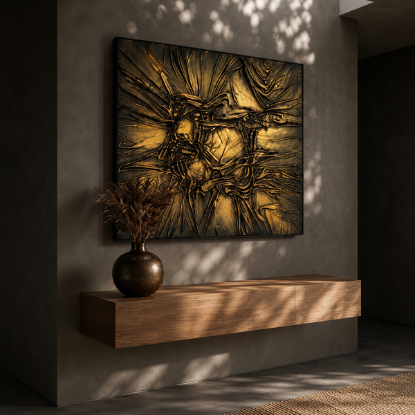 Luxury 3D Fabric Wall Art - Large Gold Textured Framed Statement Piece 100 × 100 cm
