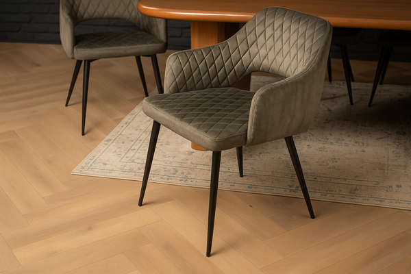 Glamour Elegant Grey Green Velvet Chair with Decorative Quilting and Black Legs