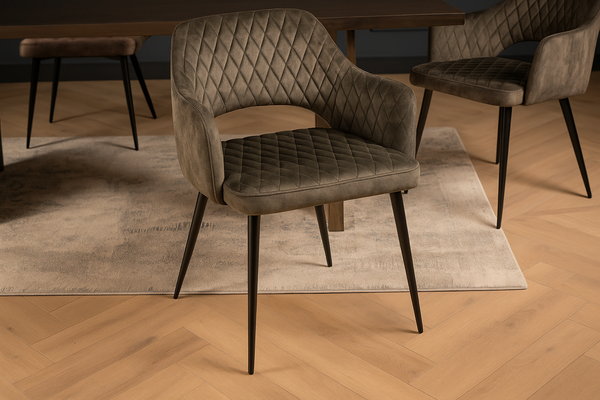 Glamour Elegant Grey Green Velvet Chair with Decorative Quilting and Black Legs