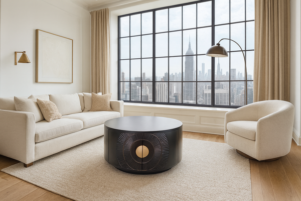 Sunset Handcrafted Solid Mango Wood Black Coffee Table with Storage 90 cm