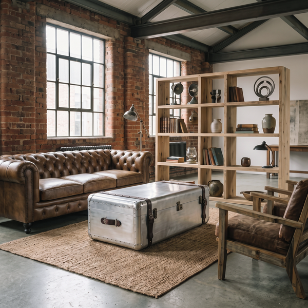 Aluminium Vintage Trunk Coffee Table with Storage – Dark Brown Leather Voyager 100cm