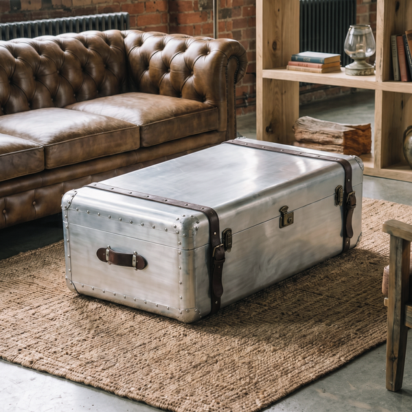 Aluminium Vintage Trunk Coffee Table with Storage – Dark Brown Leather Voyager 100cm